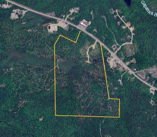 Aerial view of a wooded parcel outlined in yellow beside Bangor Road.