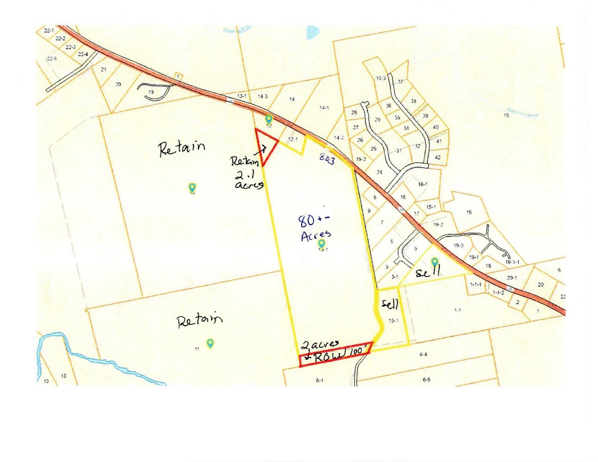 Annotated parcel map with property boundaries marked retain and sell.