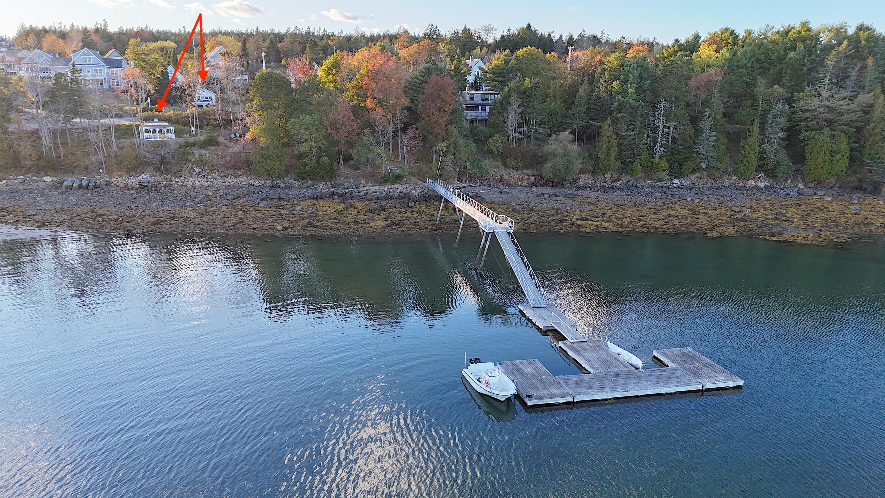 Aerial view of a red-arrow-marked waterfront property, long dock, boats, and wooded shoreline.