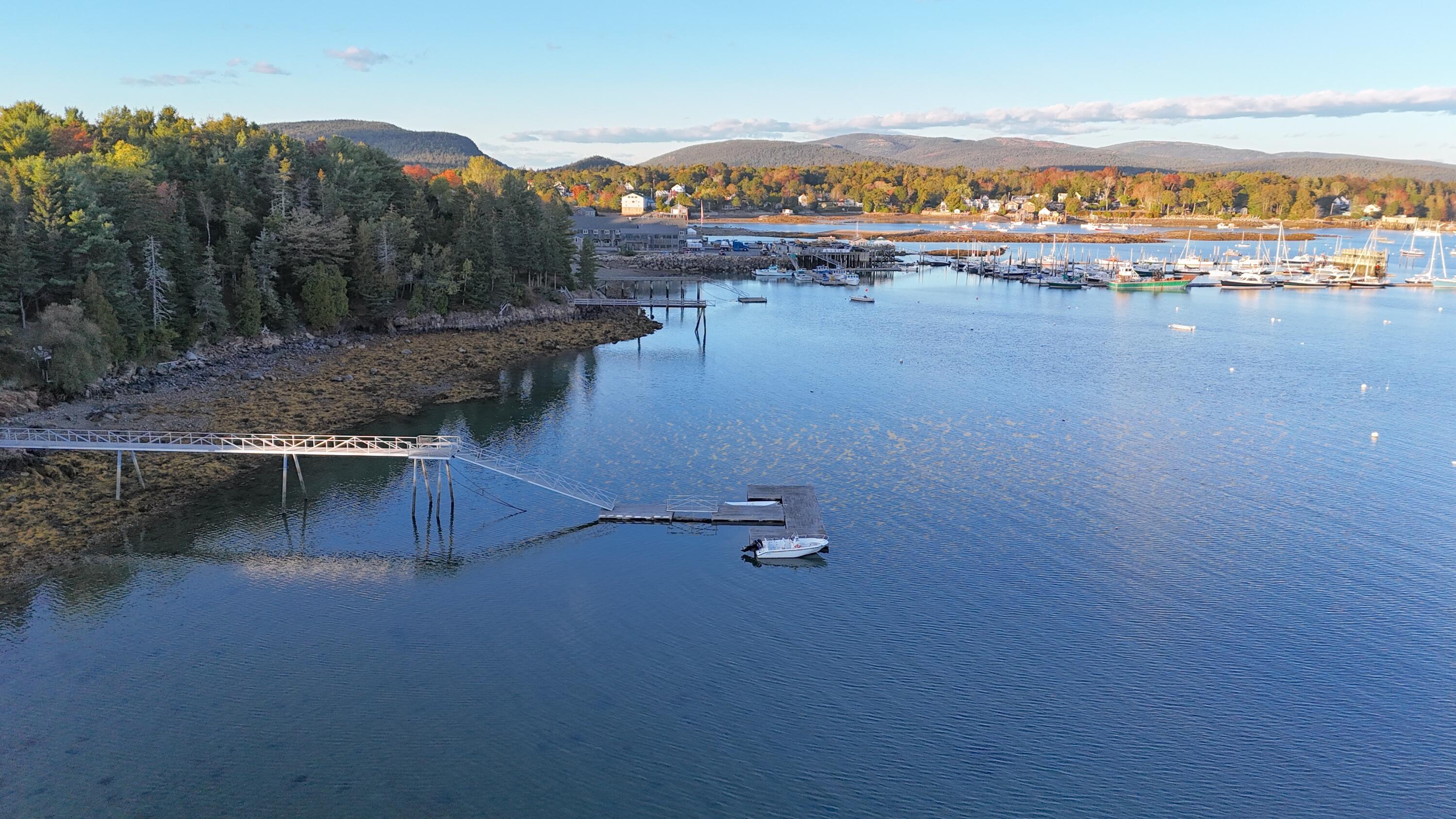 Coastal harbor with marina docks, sailboats, and autumn-colored woods backed by distant mountains.