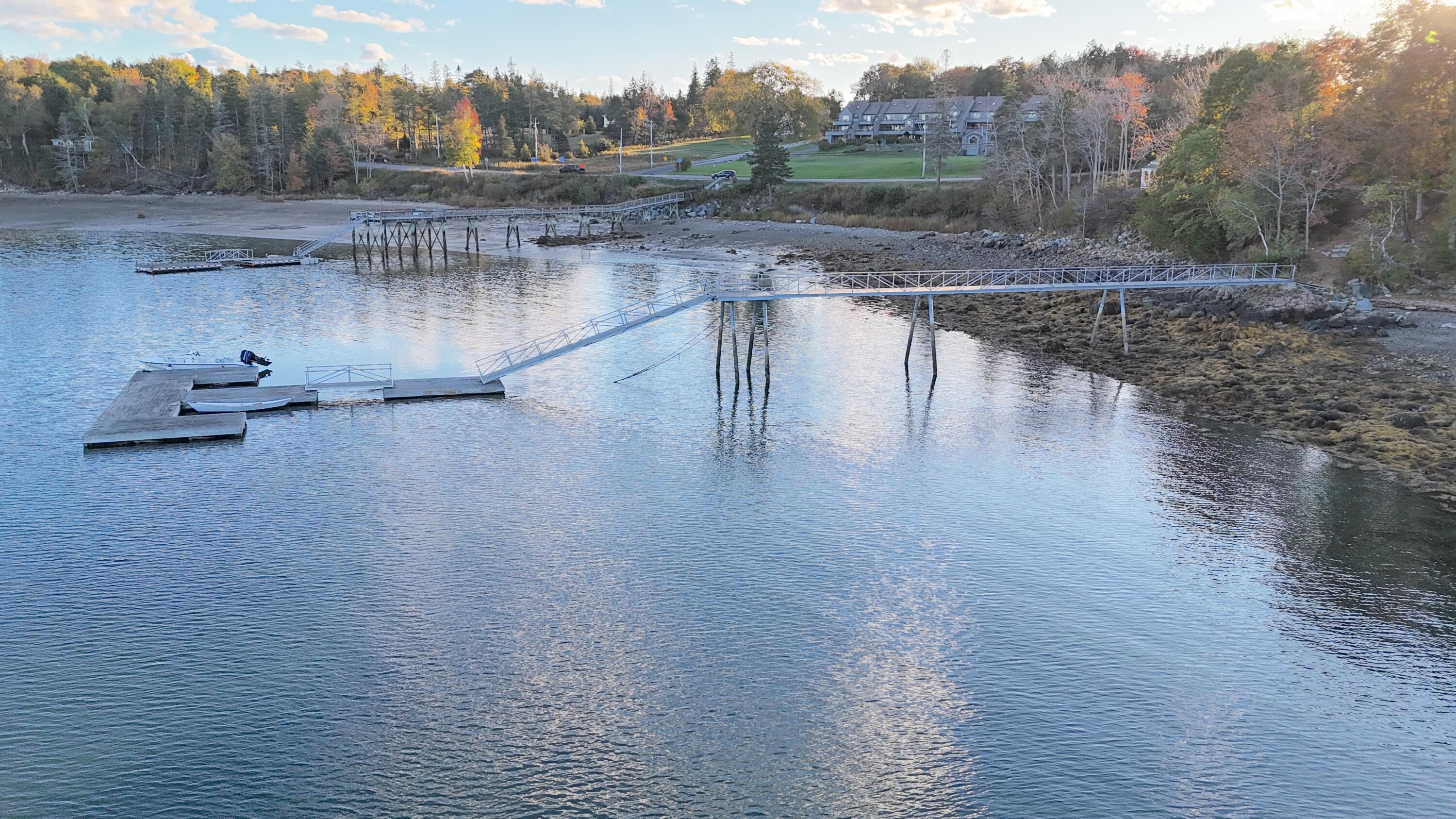 Waterfront dock and gangway extend over calm water beside an autumn shoreline.