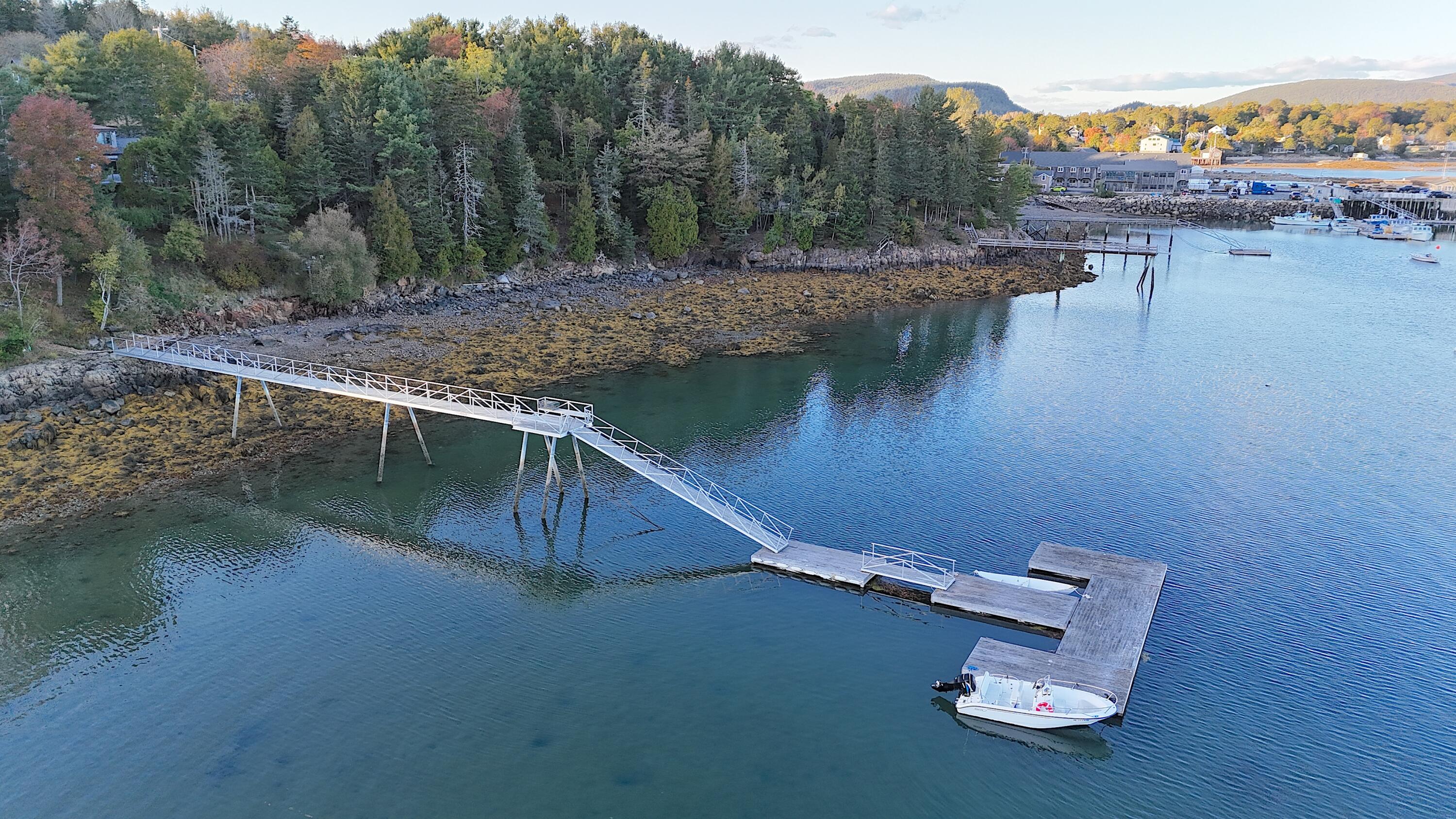 Aerial view of a harbor dock and gangway beside a rocky, autumn-colored shoreline.