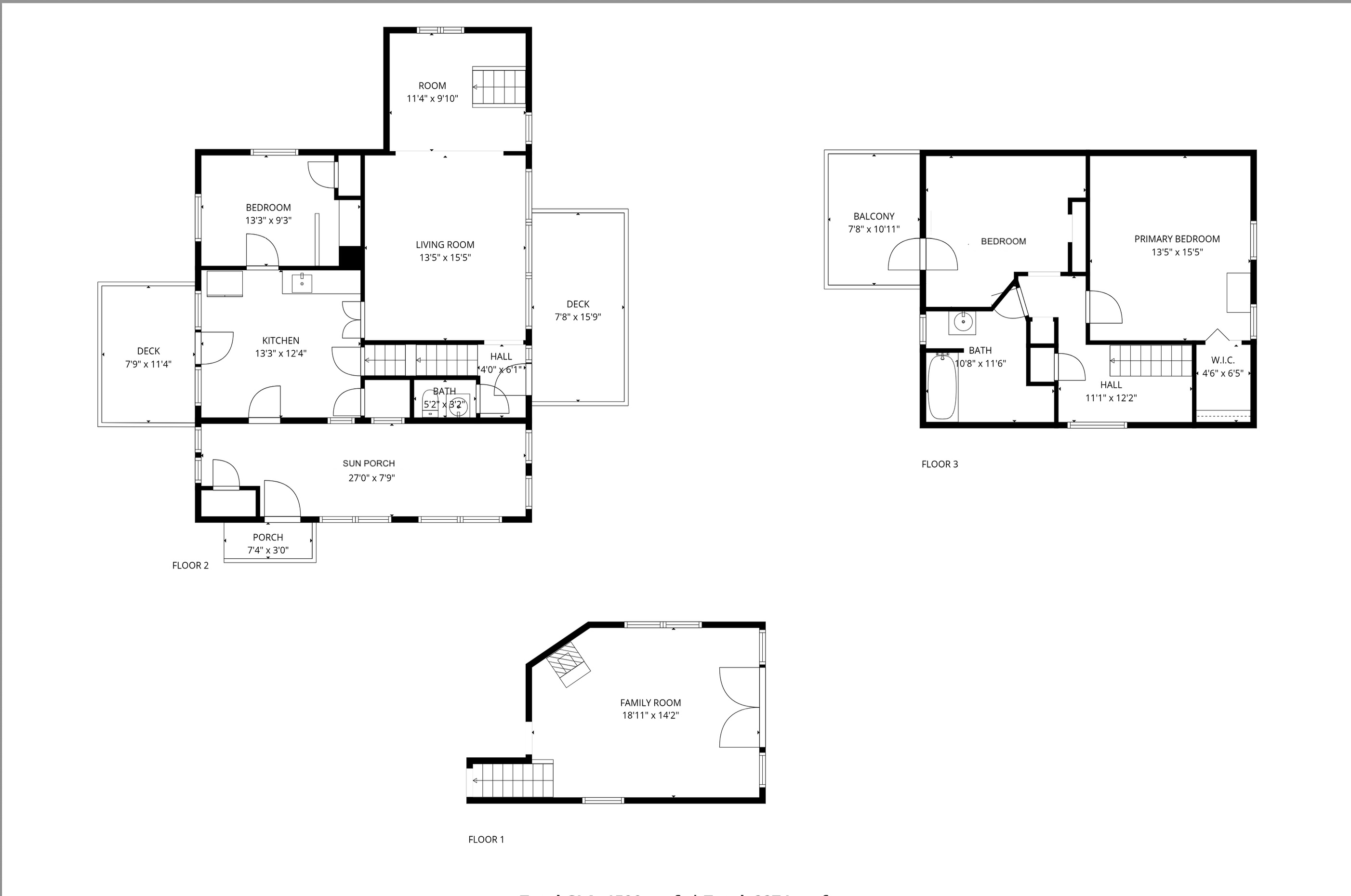 Three-level house floor plan with a family room, living room, kitchen, bedrooms, porches, decks, and balcony.