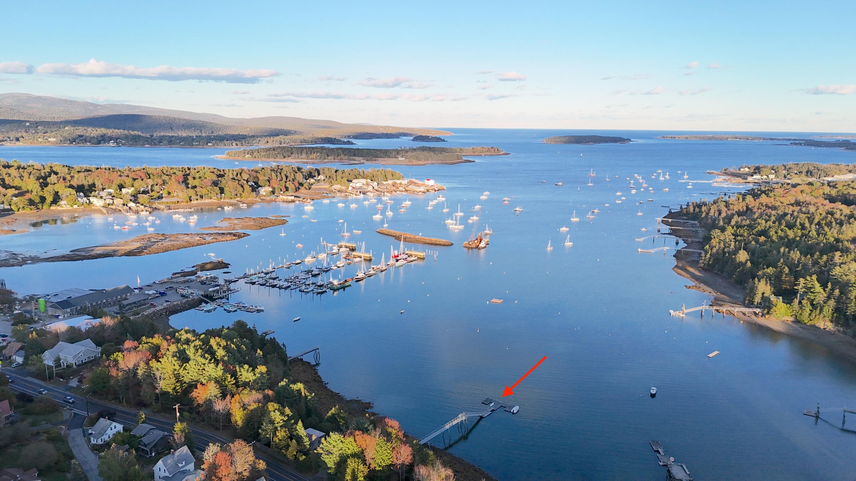 Aerial harbor view with an arrow marking a waterfront dock amid moored sailboats and autumn foliage.