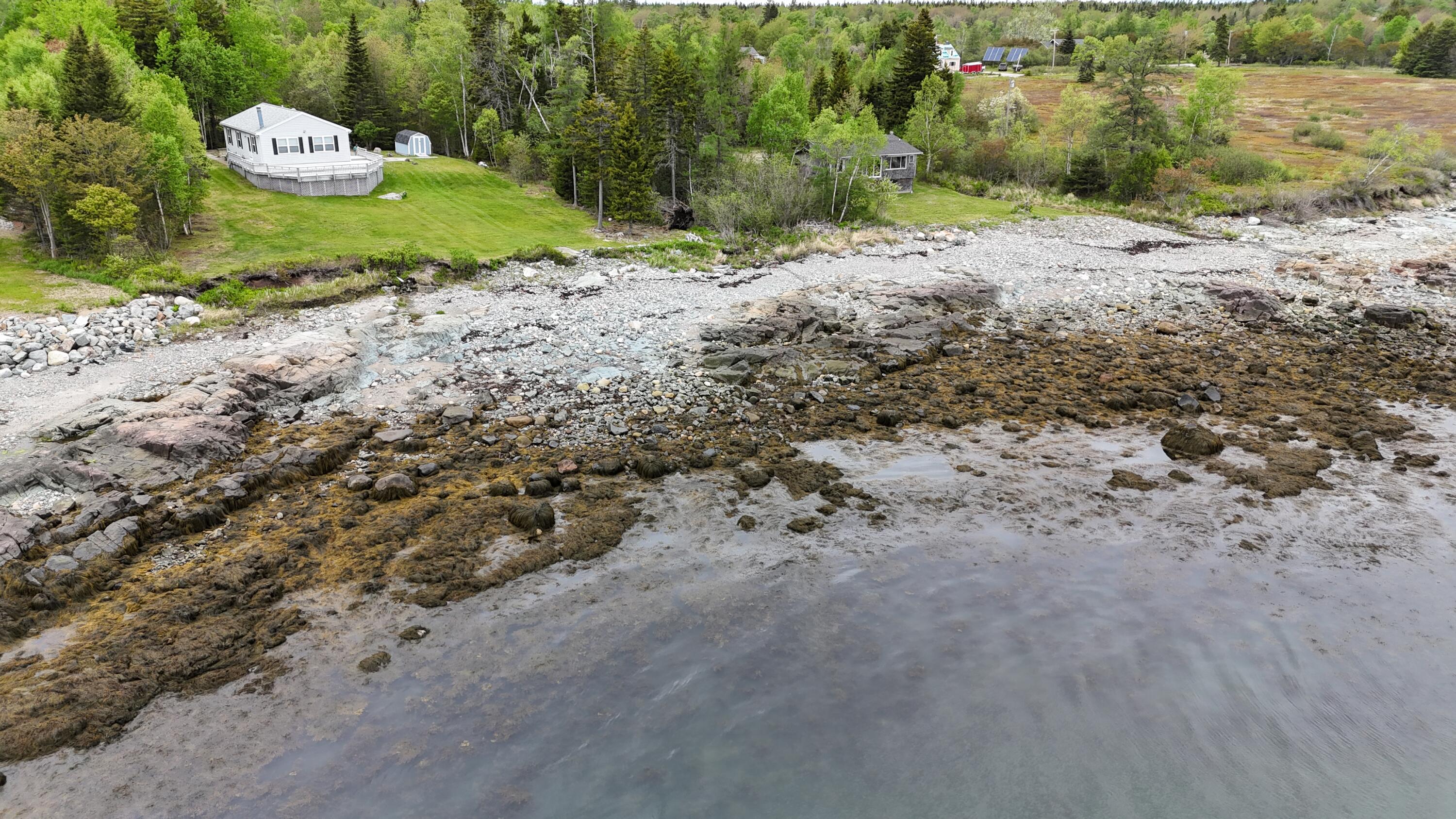 Coastal house with a wraparound deck above a rocky, seaweed-covered shoreline at low tide.