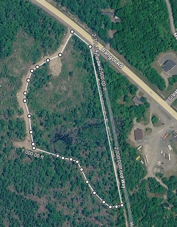 Map of a wooded parcel outlined beside Bangor Road, with boundary markers and distance measurements.