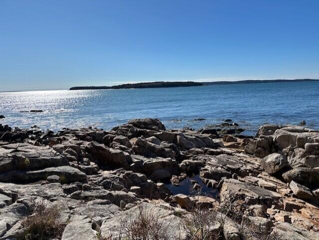 Rocky shoreline overlooking blue ocean and a low, tree-covered island.