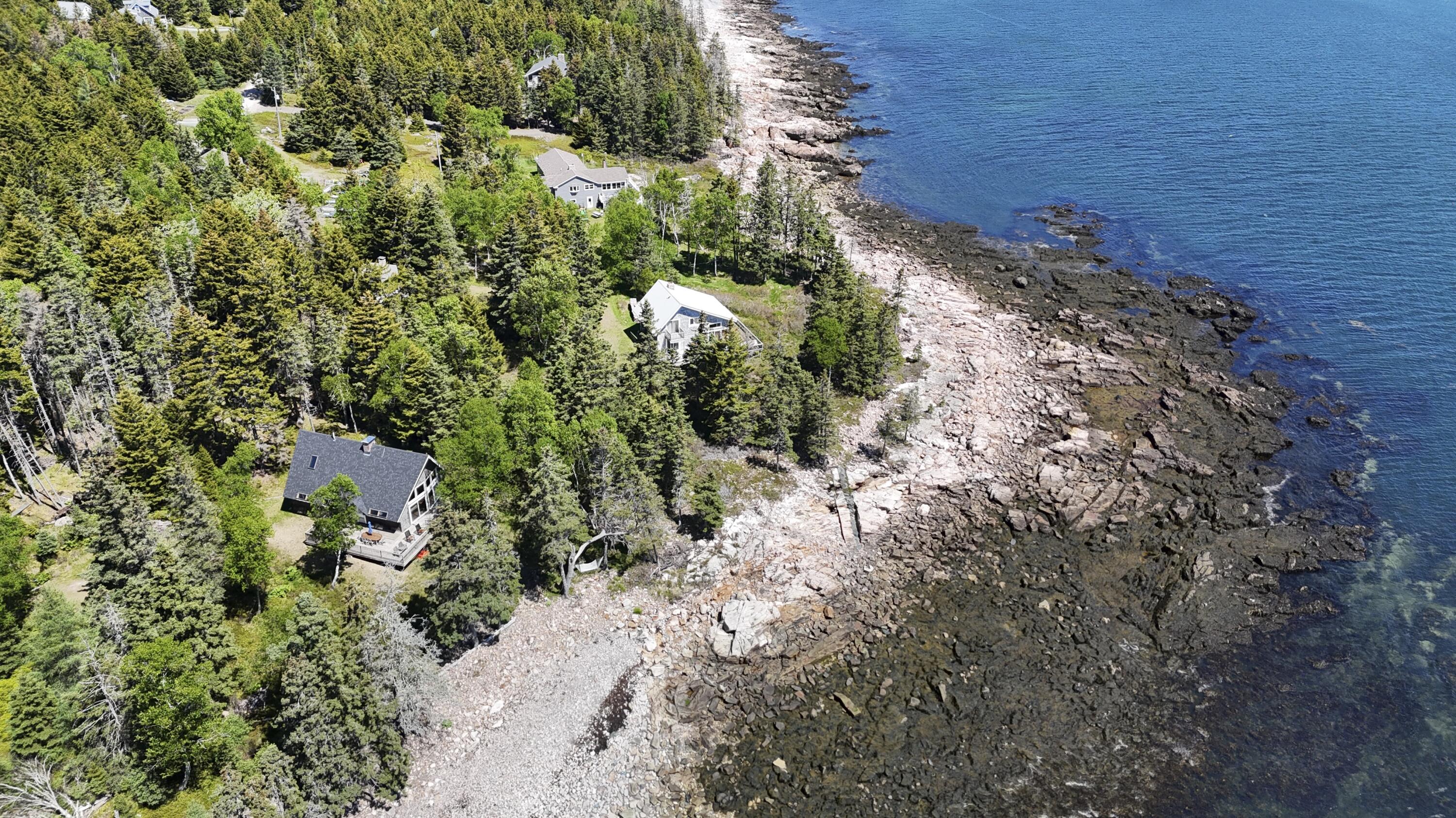 Aerial view of a wooded oceanfront property with homes along a rugged rocky shore.