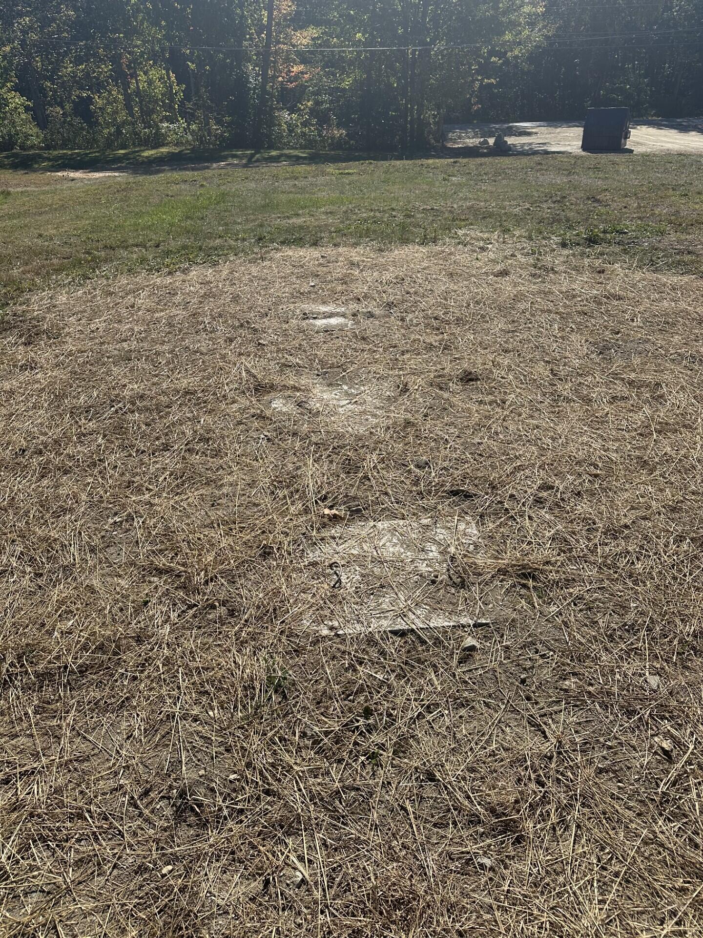 Cleared residential lot with dry grass, exposed ground, and woods along the back edge.