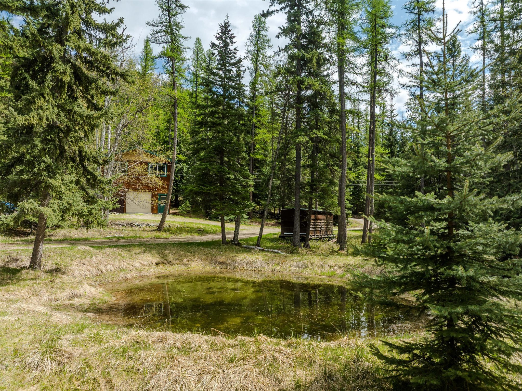 Wooded property with a small pond, brown outbuilding, and wood storage structure.