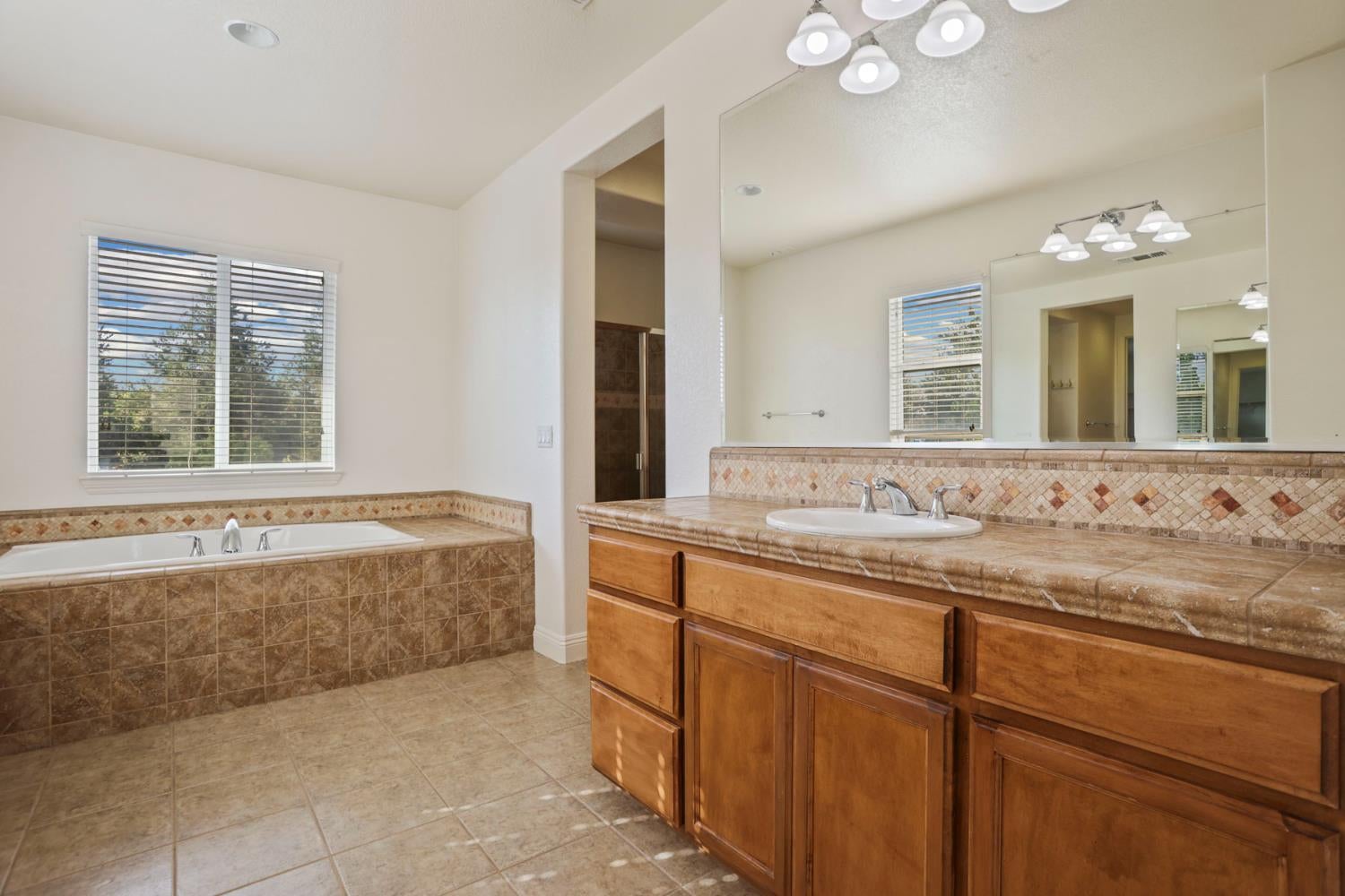 Bathroom with a built-in soaking tub and wide wood vanity beneath a large mirror.