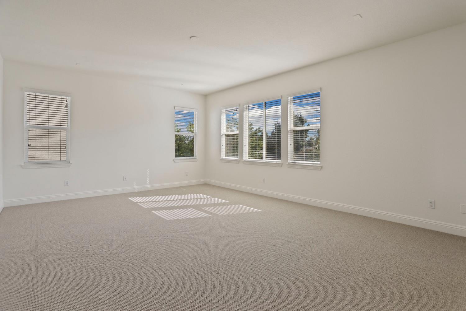 Empty carpeted room with white walls and multiple windows with blinds.