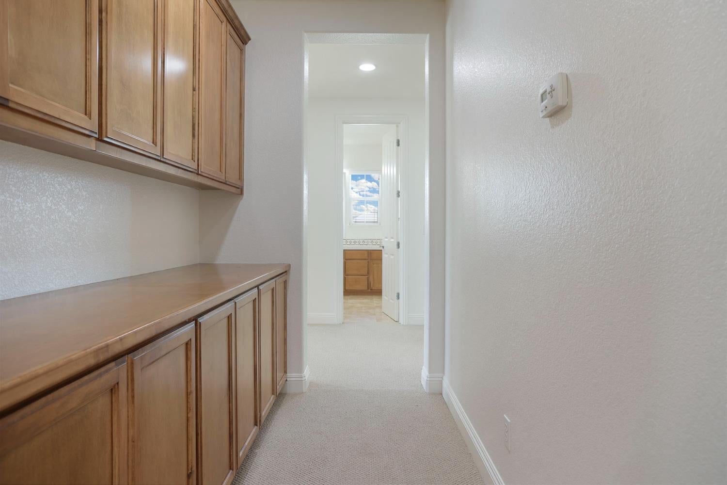 Narrow carpeted room with built-in wood cabinets and countertop, opening to a bathroom.