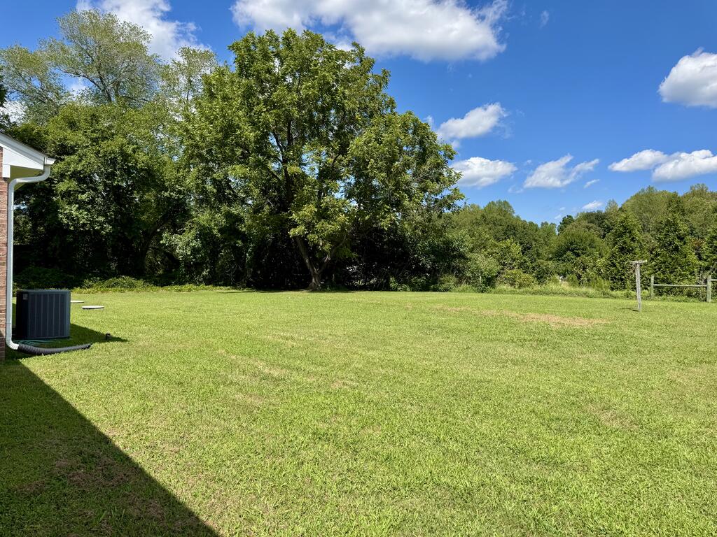 Backyard lawn bordered by mature trees, with part of the house and an HVAC unit at left.