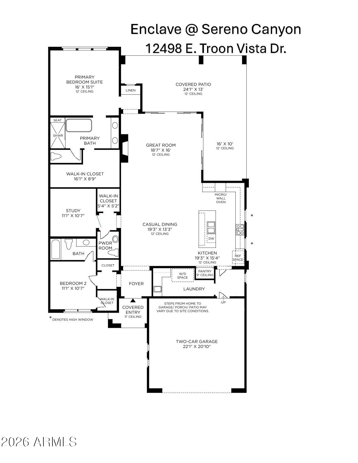 Floor plan for 12498 E. Troon Vista Drive, showing two bedrooms, study, open living area, covered patio, and two-car garage.