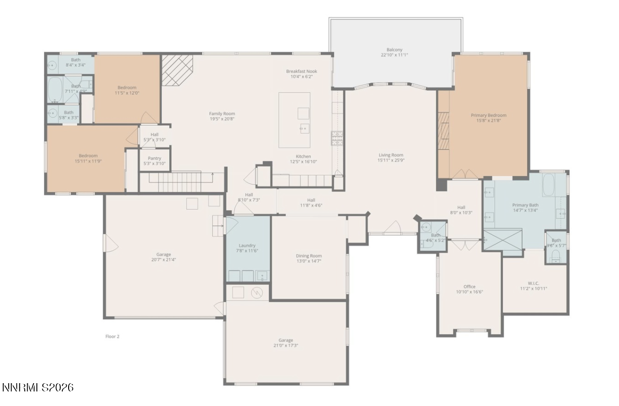 Second-floor plan with bedrooms, two garages, a balcony, and labeled room dimensions.
