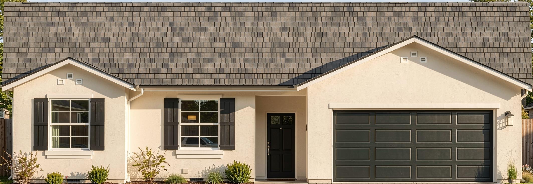 Cream stucco home with black shutters, a dark front door, and a two-car garage.