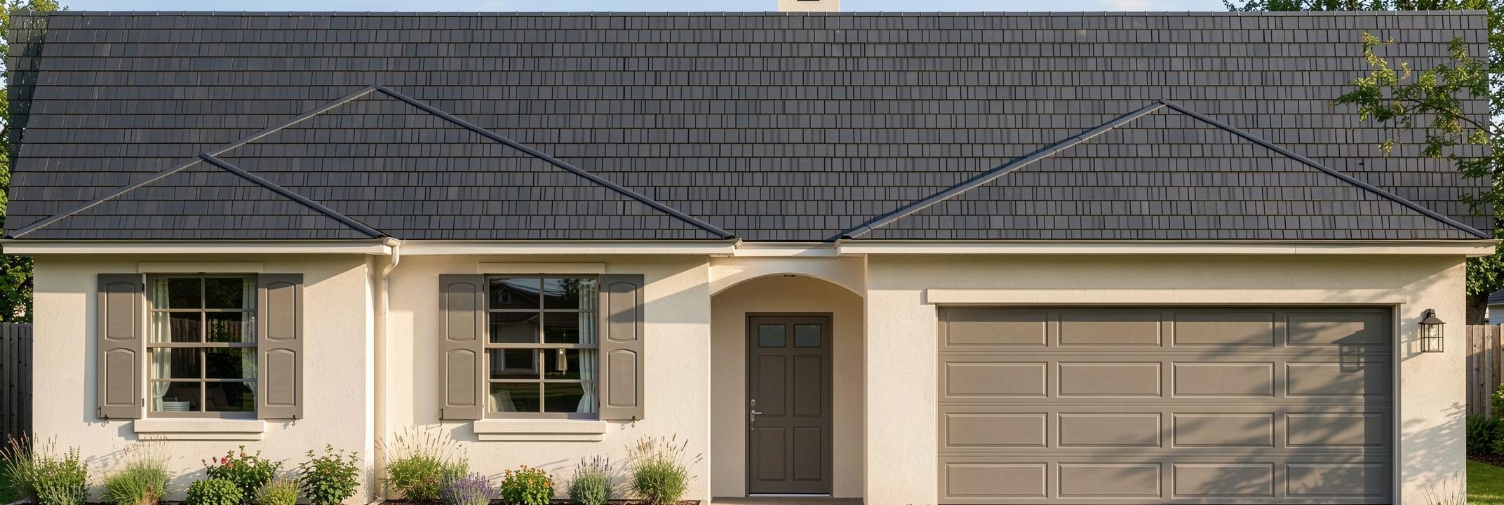 Single-story home with a dark shingle roof, shuttered windows, arched entry, and two-car garage.