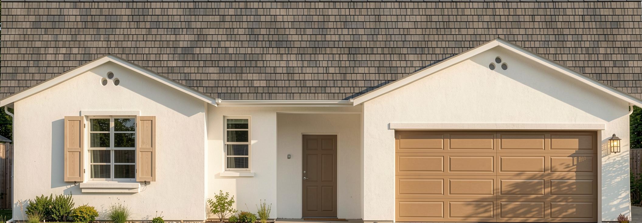 Single-story white stucco house with a tan garage door, covered entry, and wood window shutters.