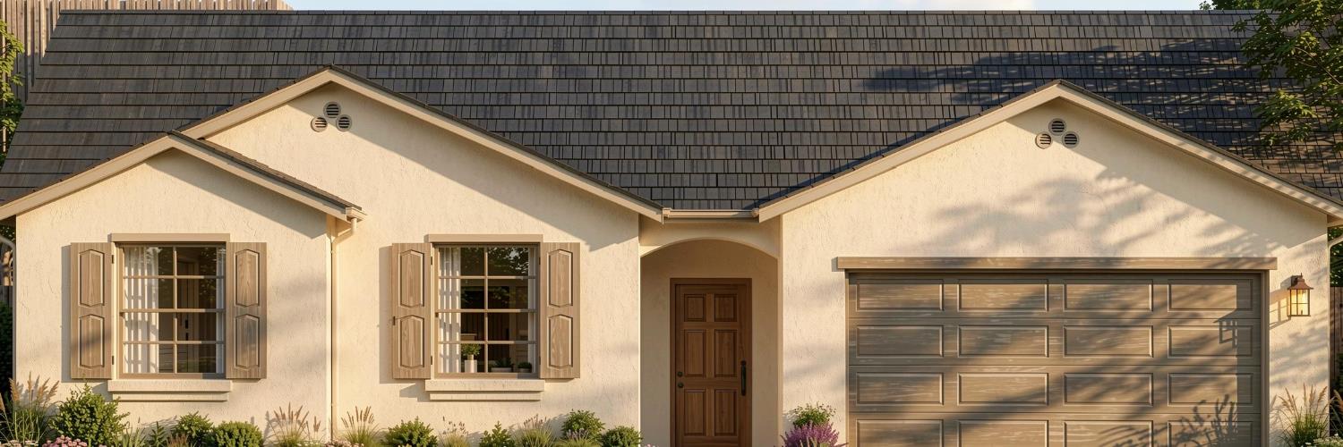 Cream stucco house with shuttered windows, a recessed entry, and a wide attached garage.
