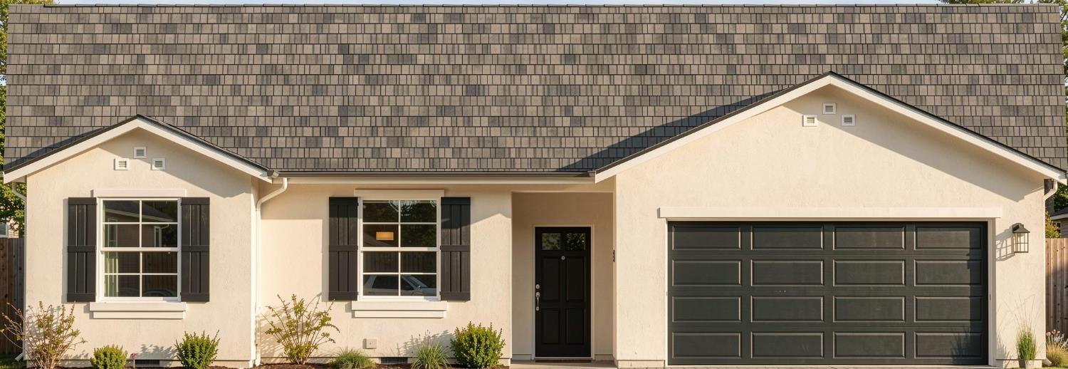 Single-story cream house with black shutters, dark front door, and attached two-car garage.