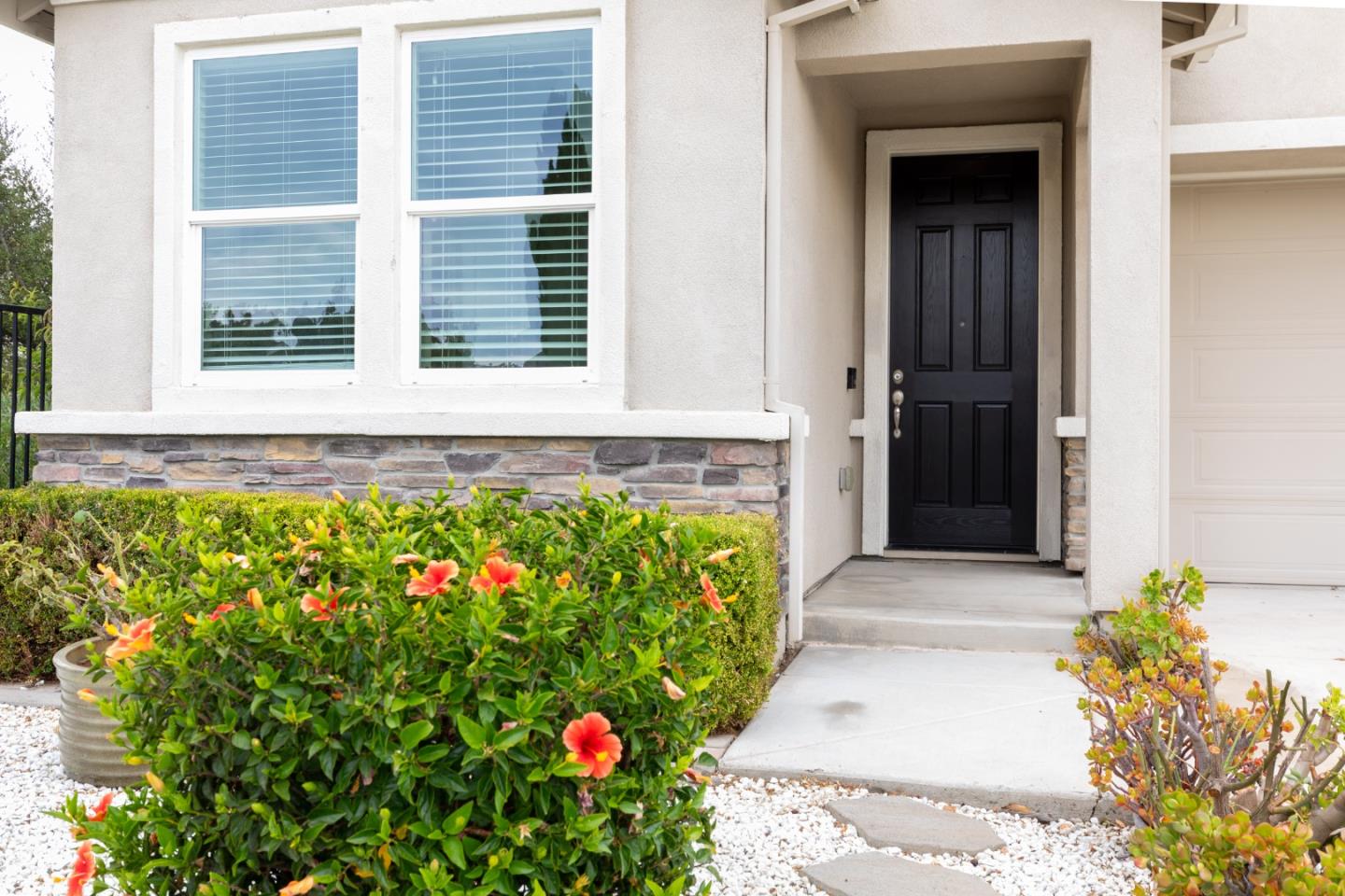House entrance with a black paneled door, white stucco, stone veneer, and flowering shrubs.