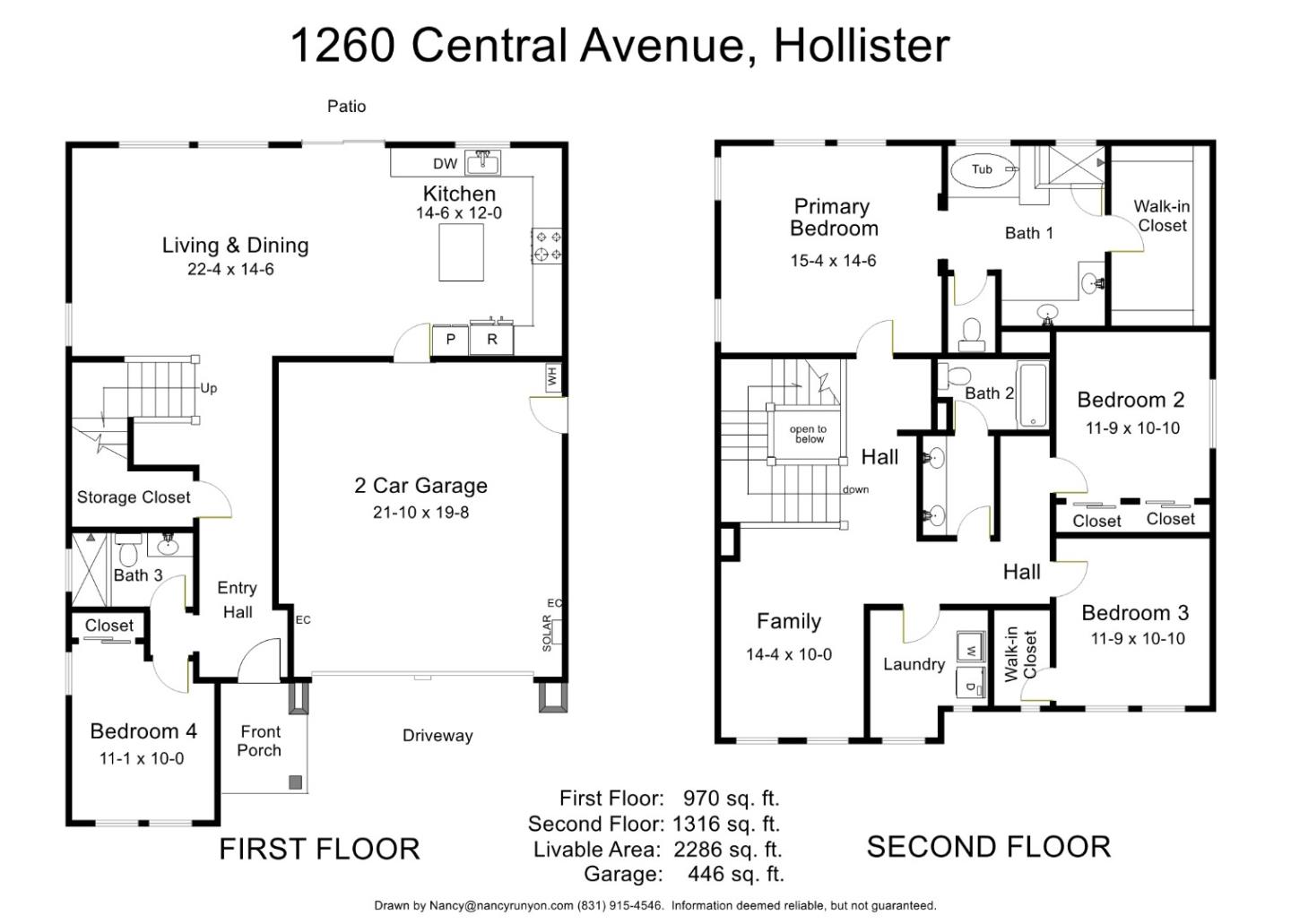 Two-story floor plan showing four bedrooms, living areas, kitchen, bathrooms, and a two-car garage.