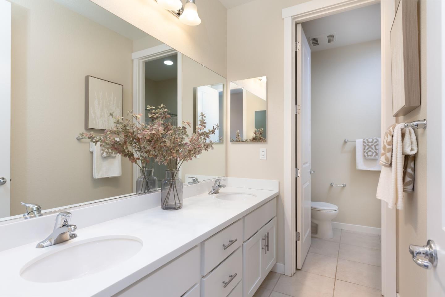 Bathroom with a long white double vanity, mirrored wall, and separate toilet area.