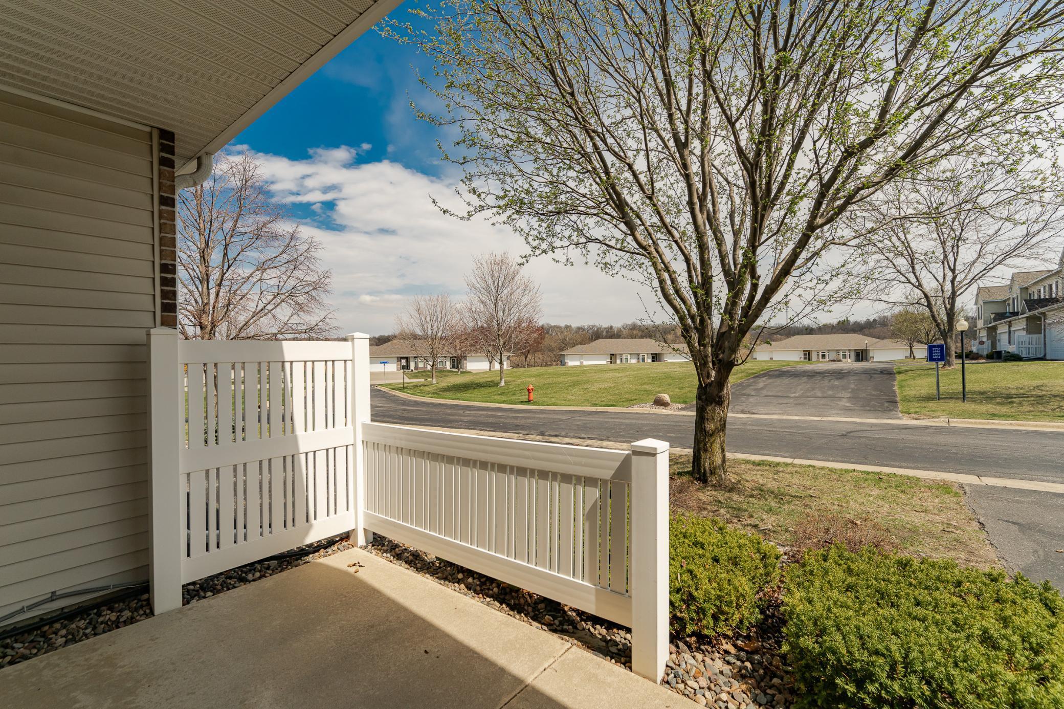 Covered front porch with white railings overlooking a street, lawns, neighboring homes, and a large budding tree.