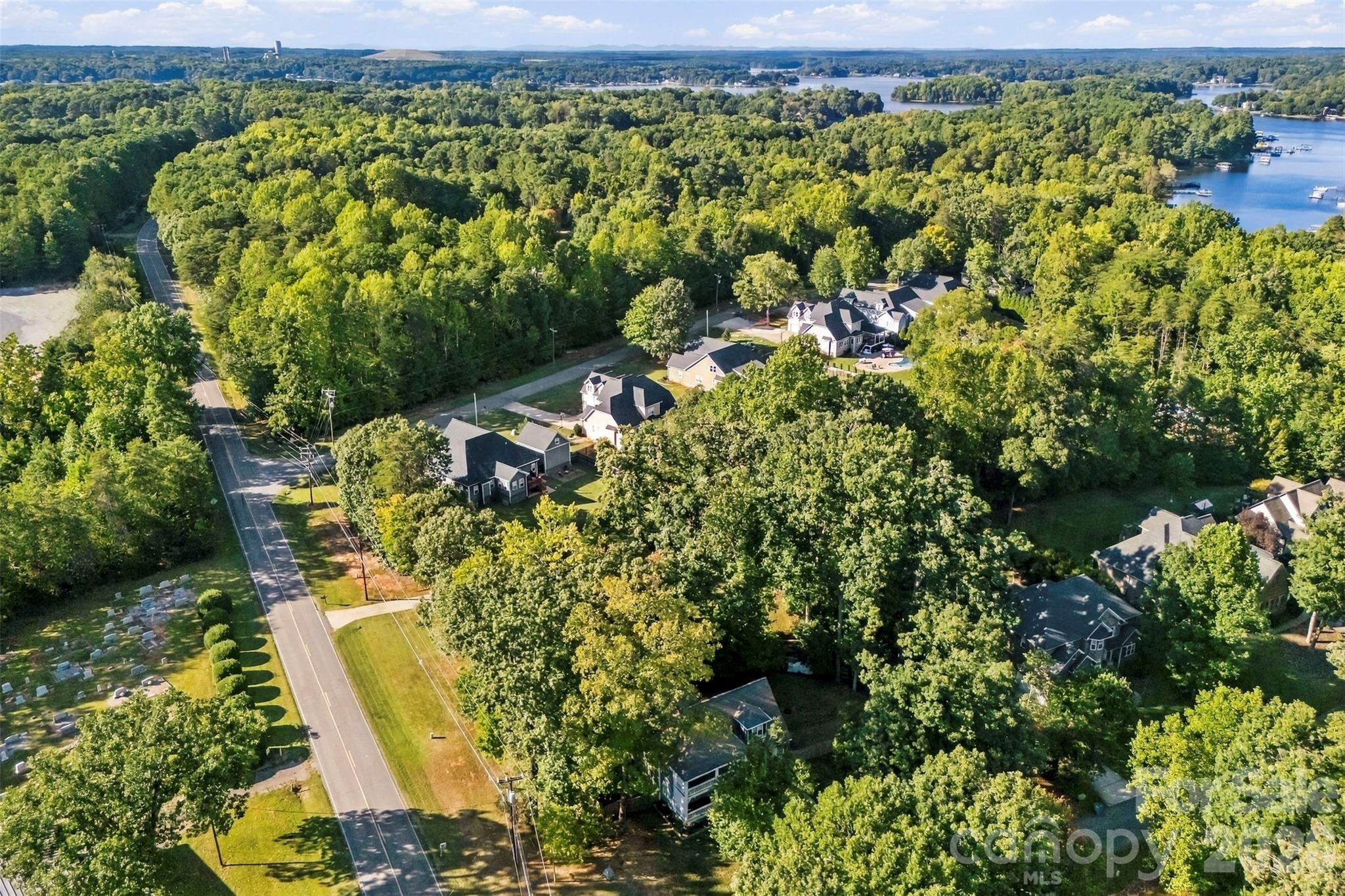 Aerial view of homes among dense trees, with a road and lake beyond.