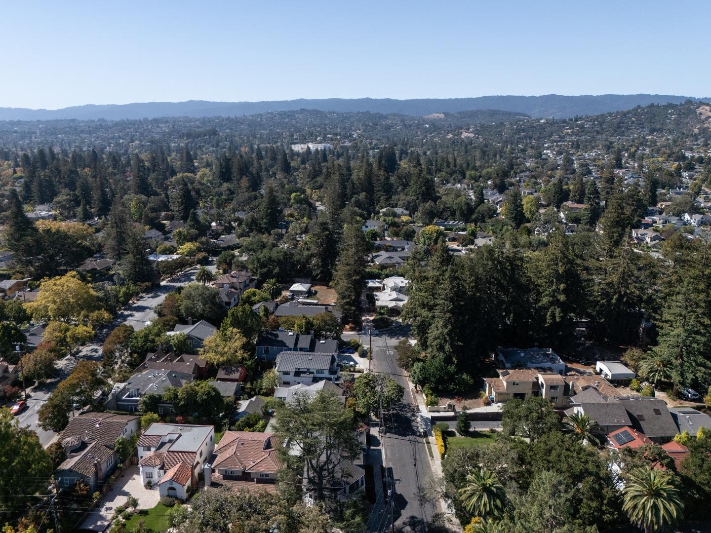 Aerial view of a leafy residential neighborhood with rolling hills in the distance.
