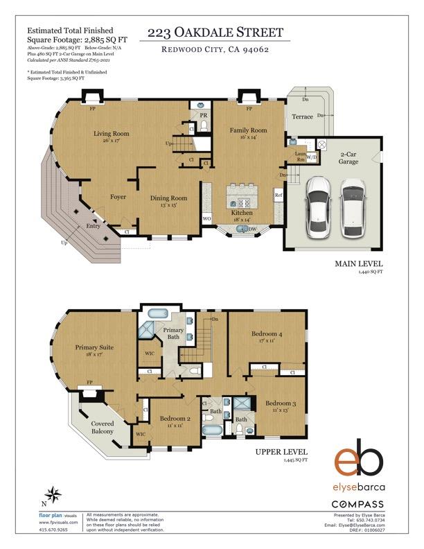 Two-level floor plan for 223 Oakdale Street, with room layouts, dimensions, and a two-car garage.