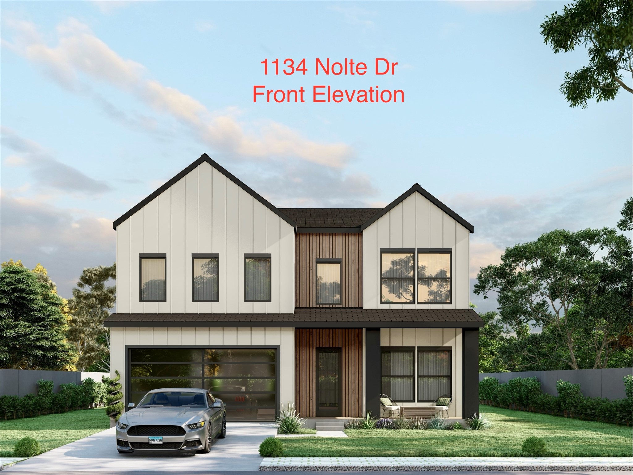 Modern two-story home with white siding, wood accents, and a wide garage.