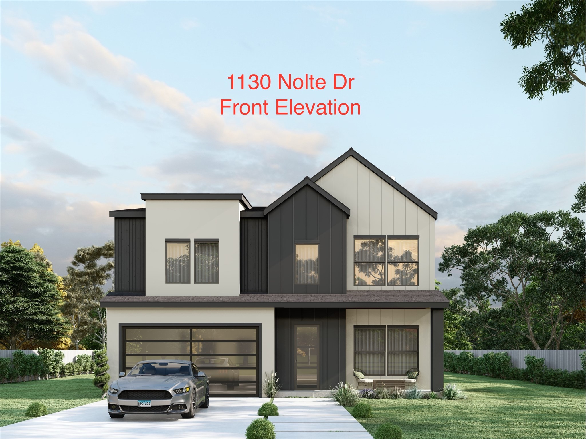 Modern two-story home with contrasting light and charcoal siding, a wide garage, and a car in the driveway.