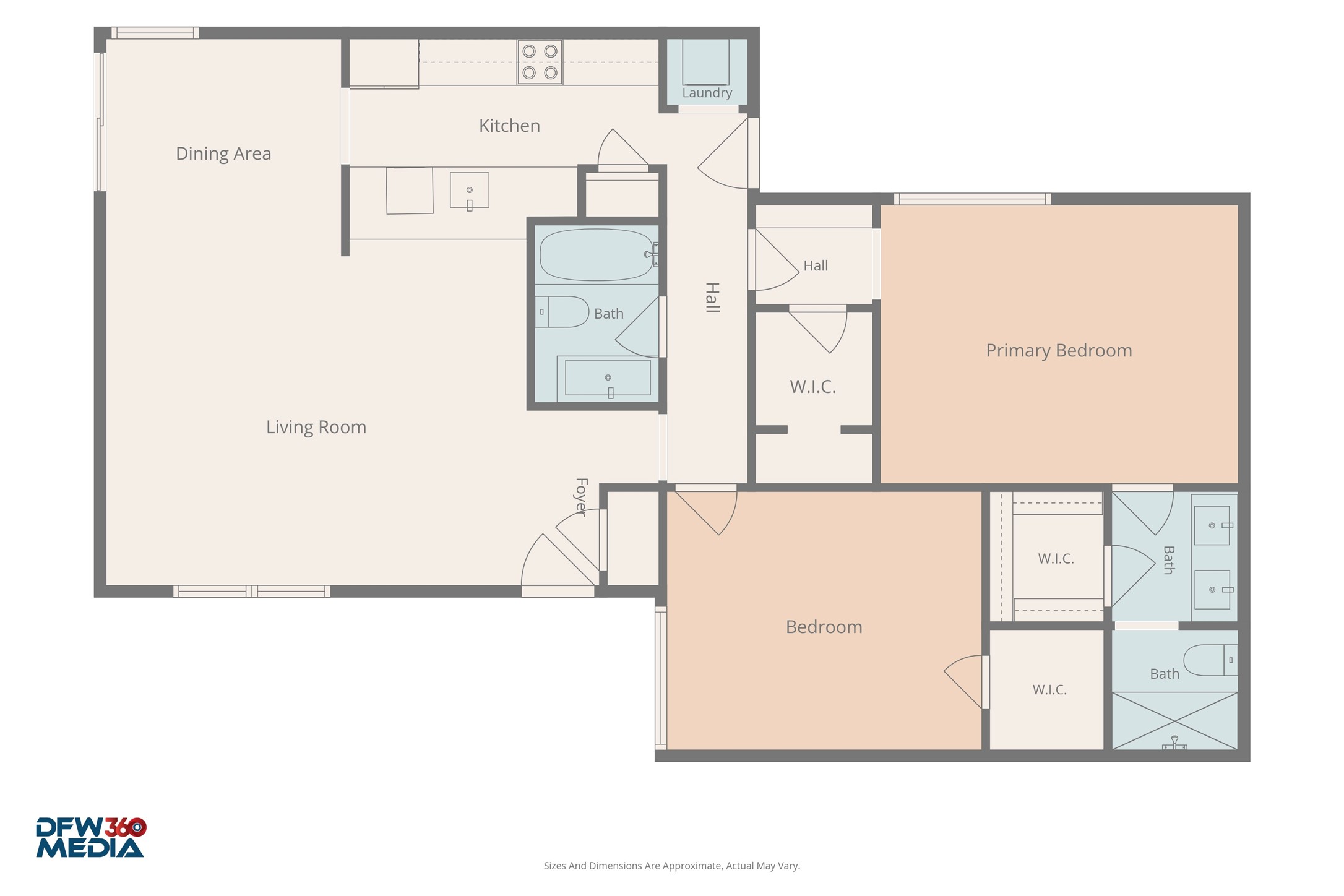 Floor plan showing two bedrooms, a living and dining area, kitchen, laundry, walk-in closets, and three bathrooms.