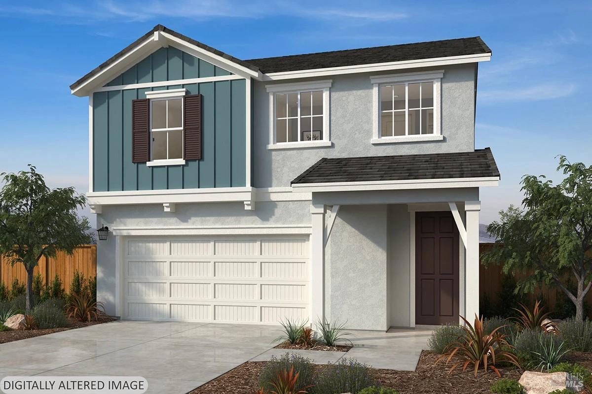 Two-story house with a teal front gable, white double garage, and landscaped yard.