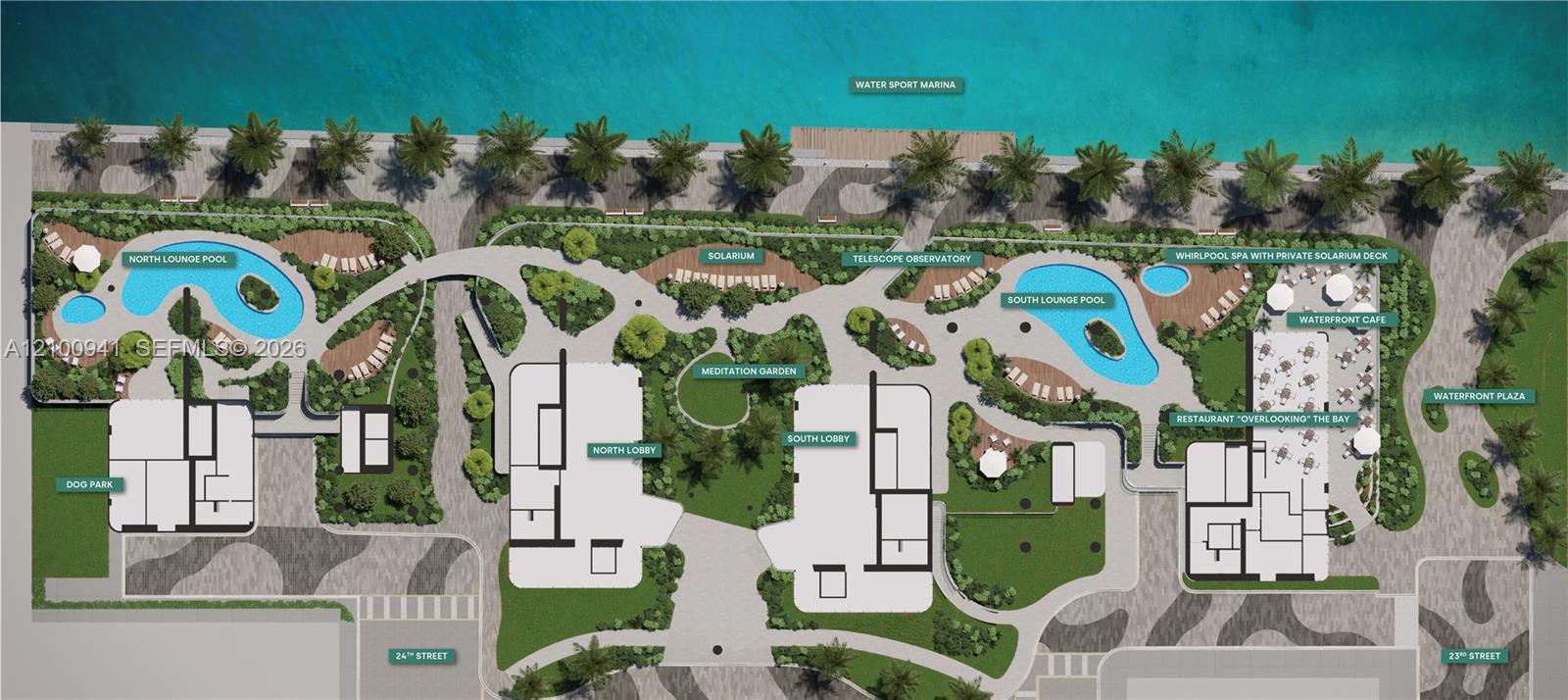 Site plan showing waterfront pools, landscaped grounds, building footprints, and labeled amenities.