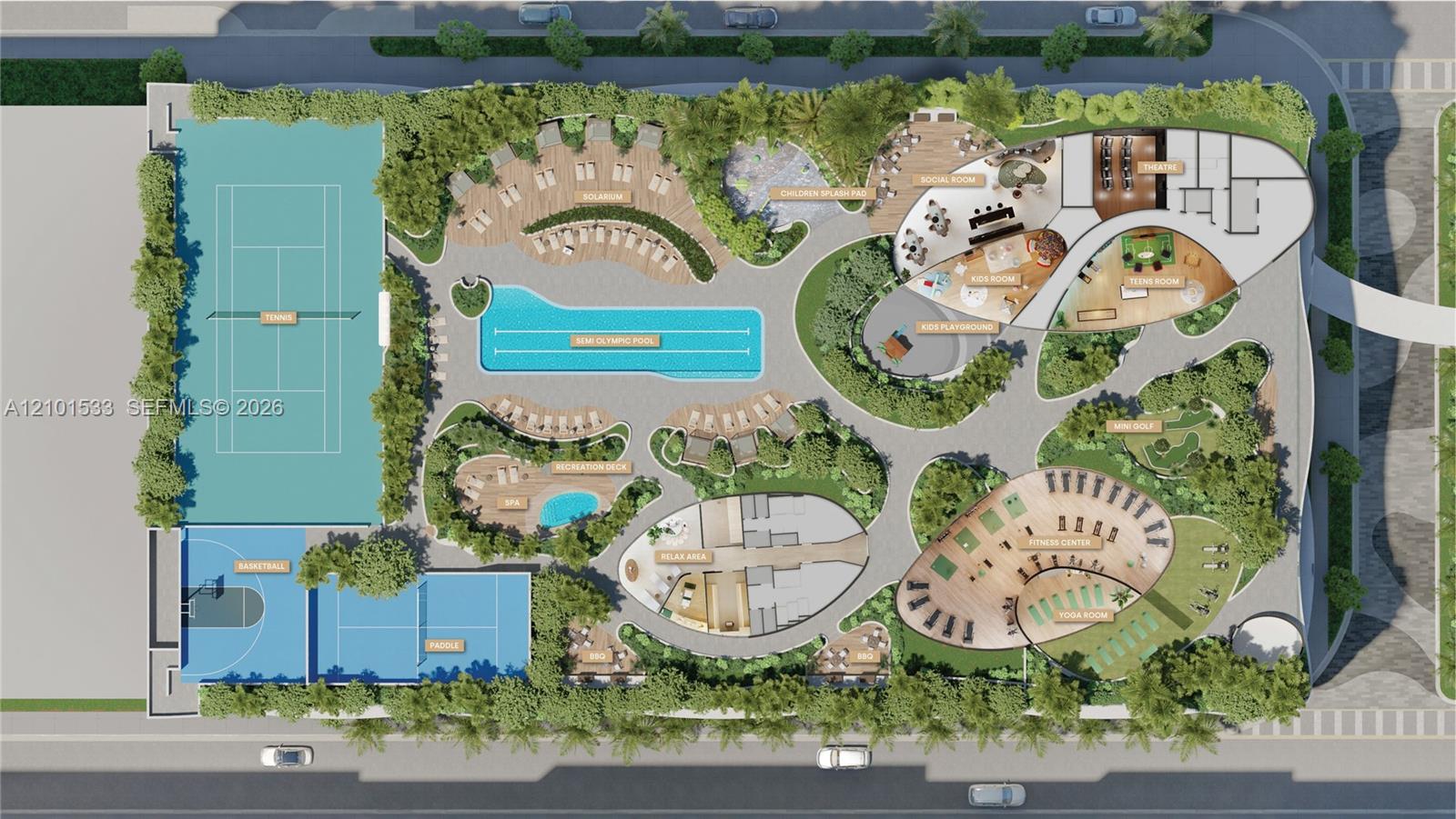 Residential amenity site plan with a pool, sports courts, spa, mini golf, fitness center and social spaces.