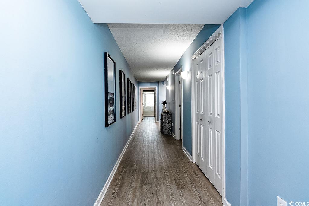 Condominium hallway with blue walls, wood-look flooring, framed art, and white paneled doors.