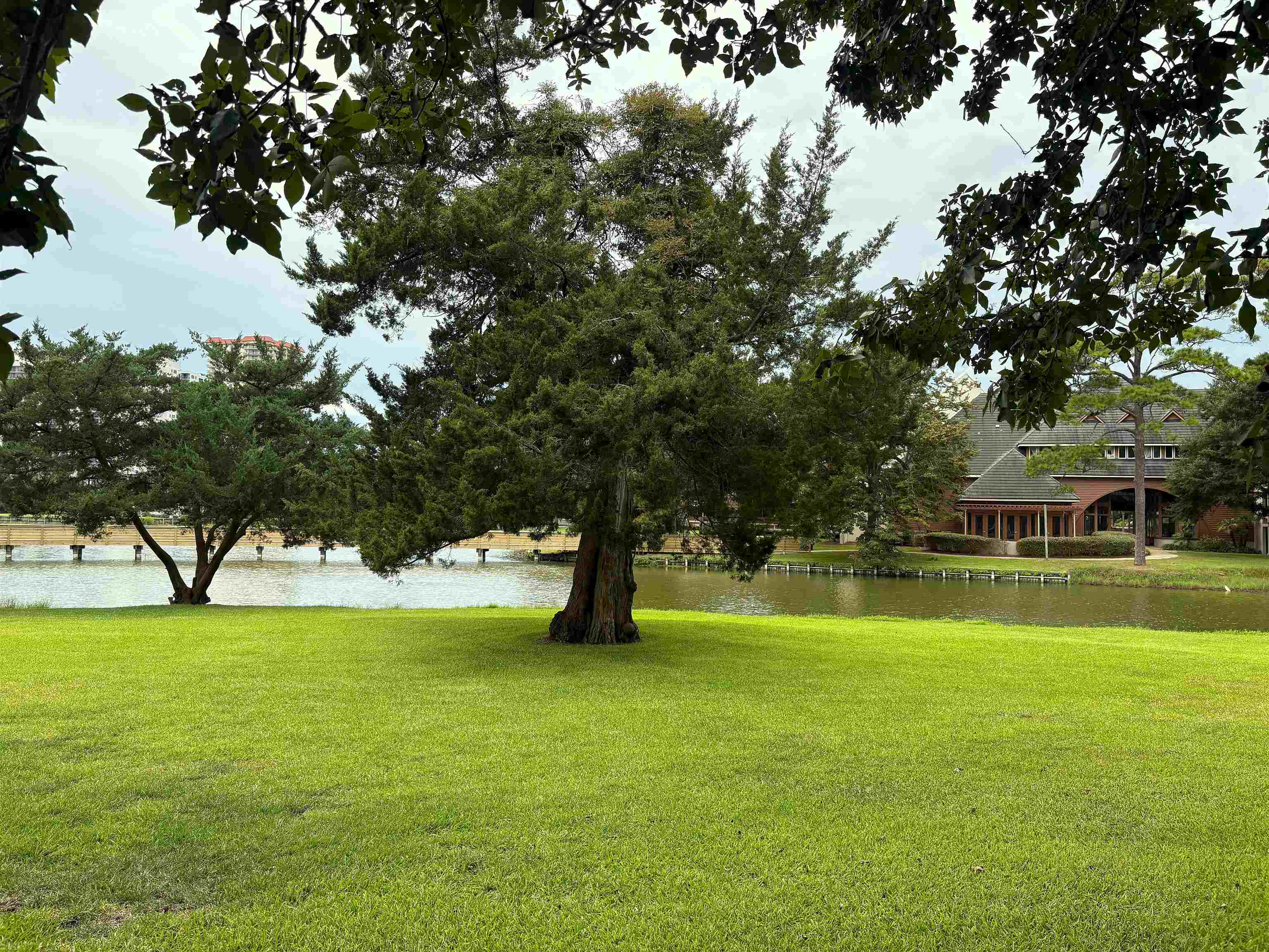 Lakeside grounds with a grassy lawn, mature trees, and a clubhouse across the water.