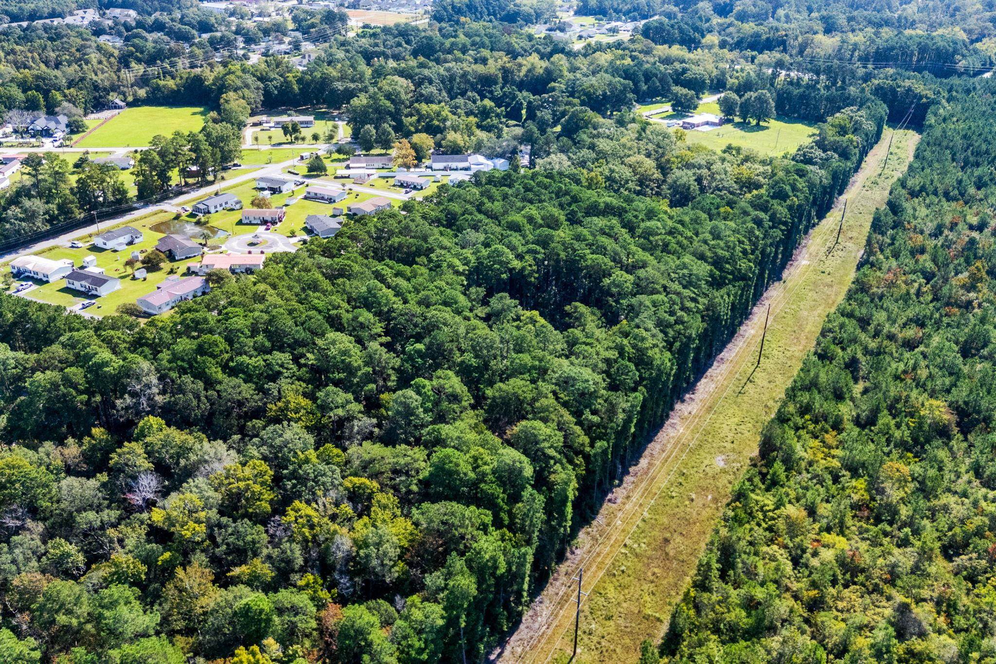 Aerial view of a wooded tract beside homes, with a wide power-line corridor along its edge.