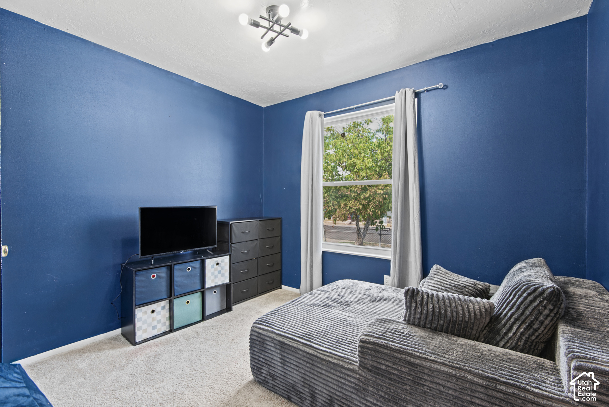 Living room with deep blue walls, a gray sectional sofa, and a television beneath a curtained window.