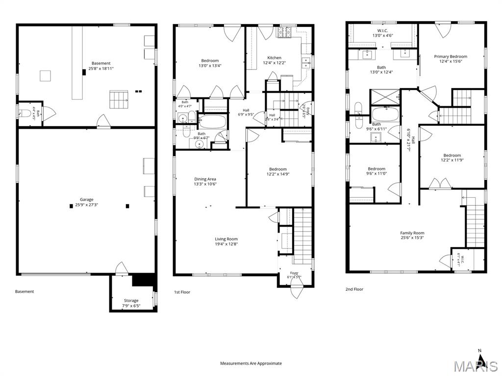 Three-level floor plan showing basement, first-floor living spaces, and second-floor bedrooms and family room.