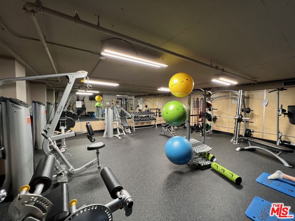 Condominium fitness room with weight machines, dumbbells, colorful exercise balls, and blue floor mats.
