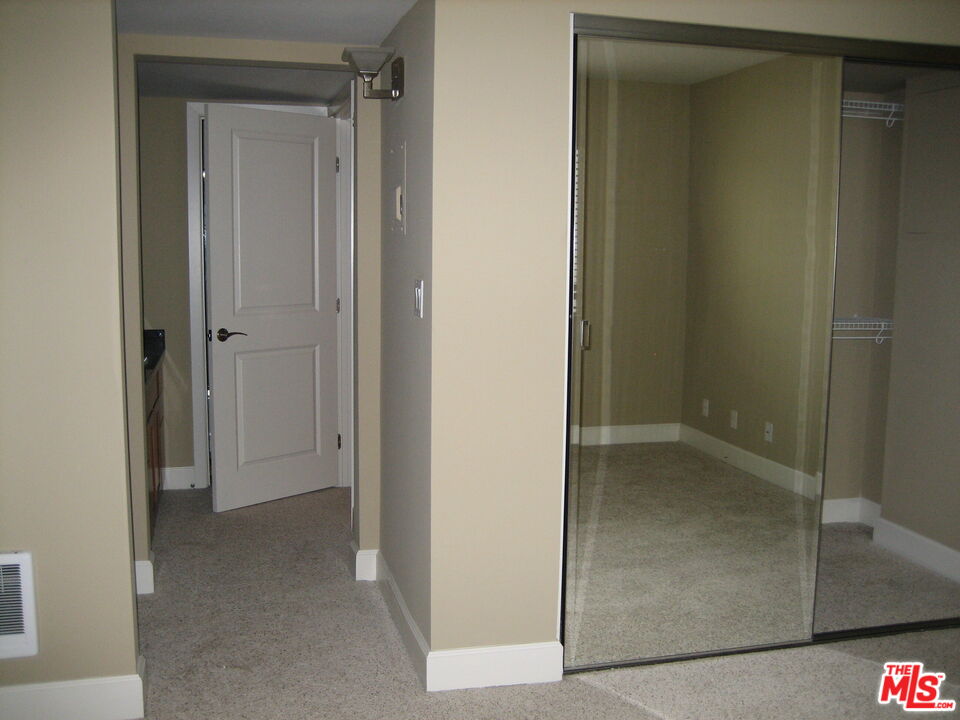 Mirrored sliding closet doors beside an open white paneled door in a carpeted room.