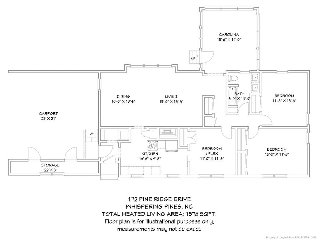Floor plan for 172 Pine Ridge Drive, with three bedrooms, a carport, storage, and 1,578 square feet of heated living area.