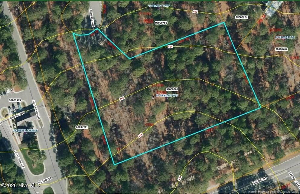 Aerial view of a wooded lot outlined in turquoise near Birkdale Way and Meyer Farm Drive.