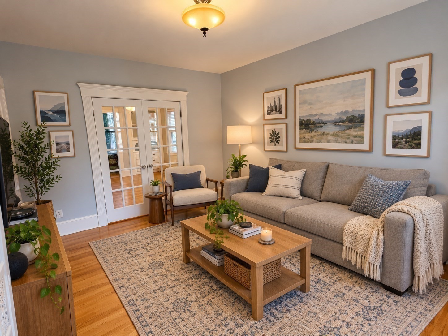 Living room with a gray sectional, French doors, framed artwork, and a large patterned rug.