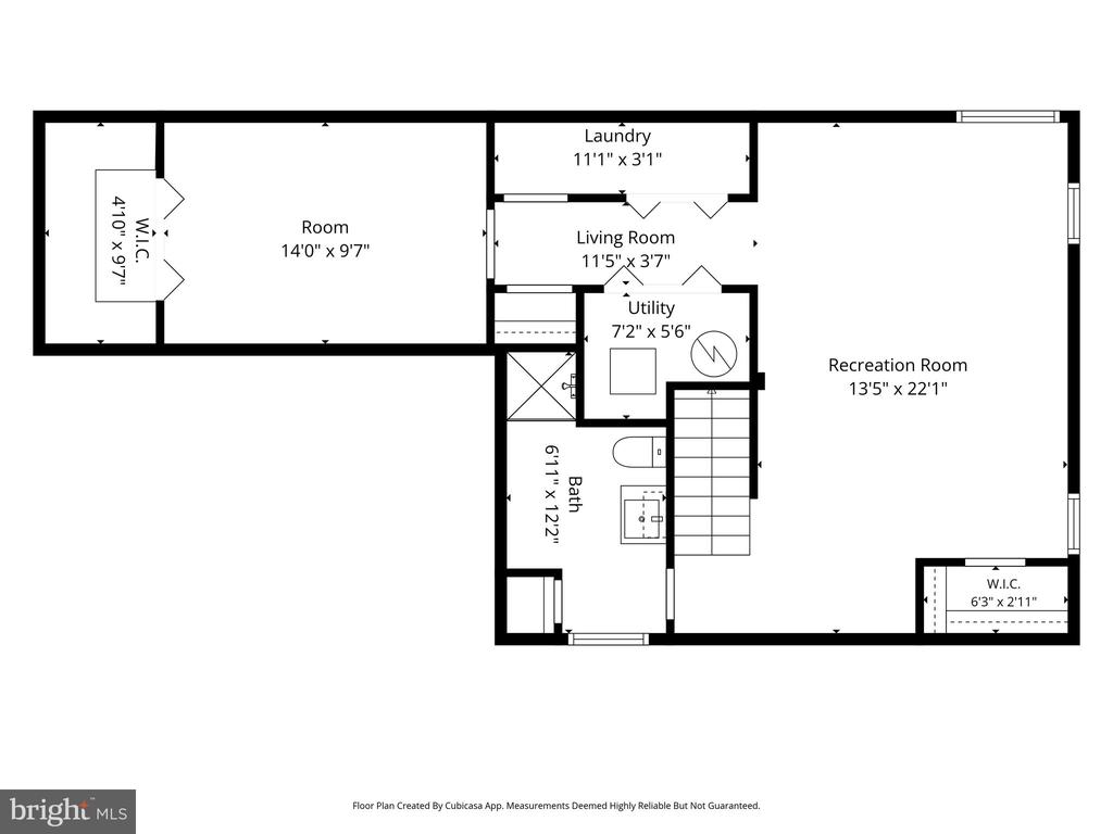 Floor plan with recreation room, living room, laundry, utility room, bath, and walk-in closets.