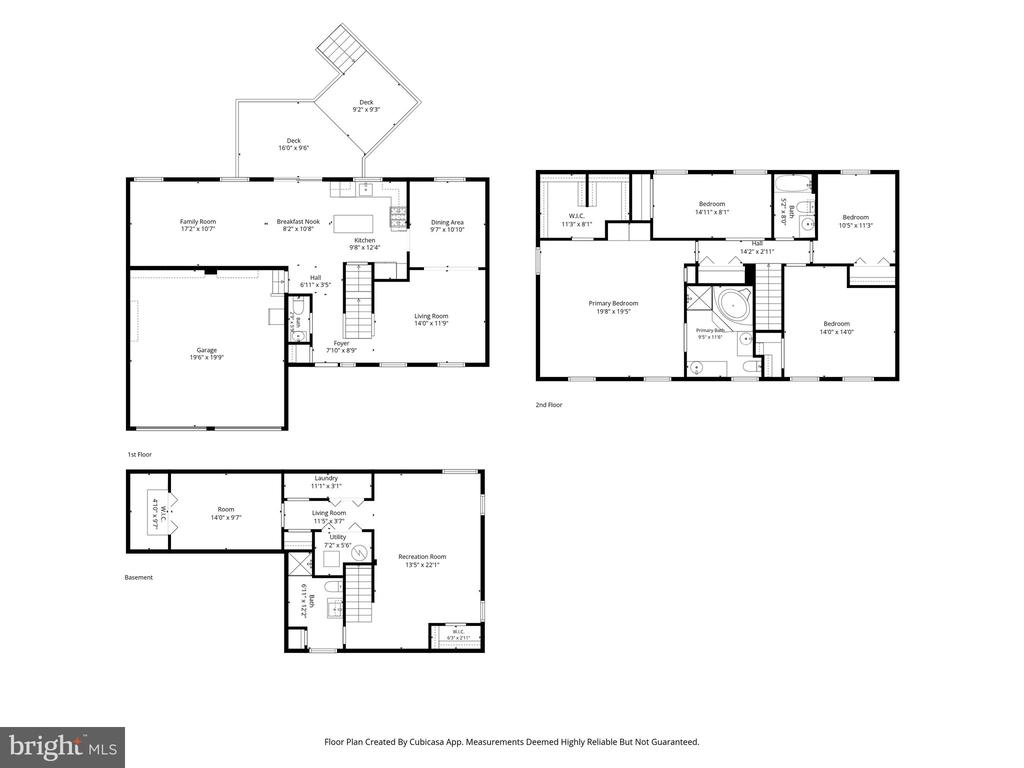 Three-level home floor plan showing the main level, bedrooms upstairs, and a basement recreation room.
